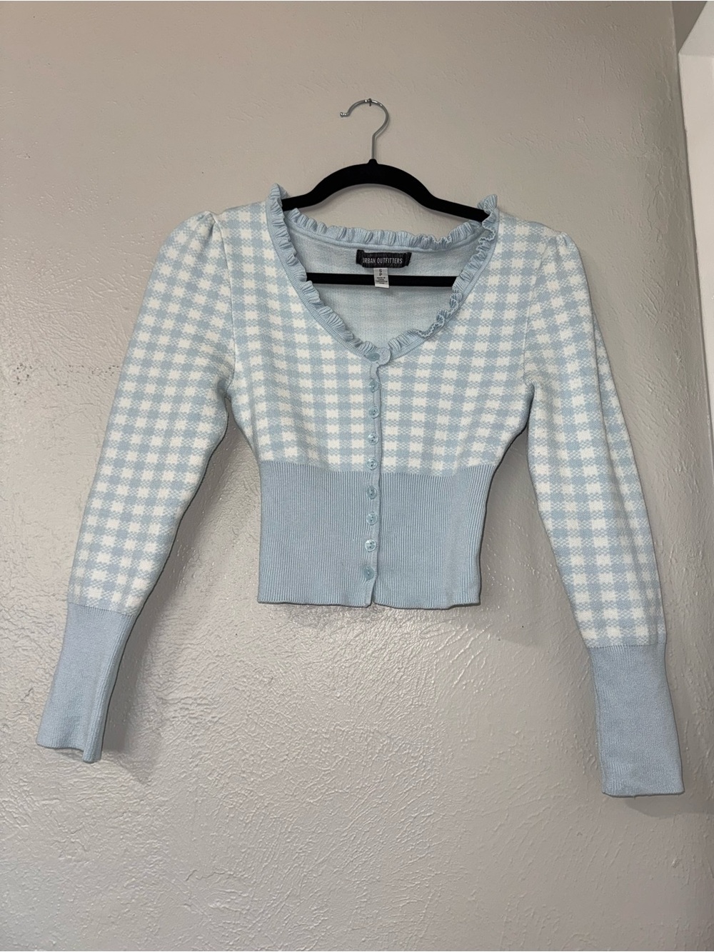 Urban Outfitters Light Blue Gingham Ruffle Trim Cardigan Cottage Core
